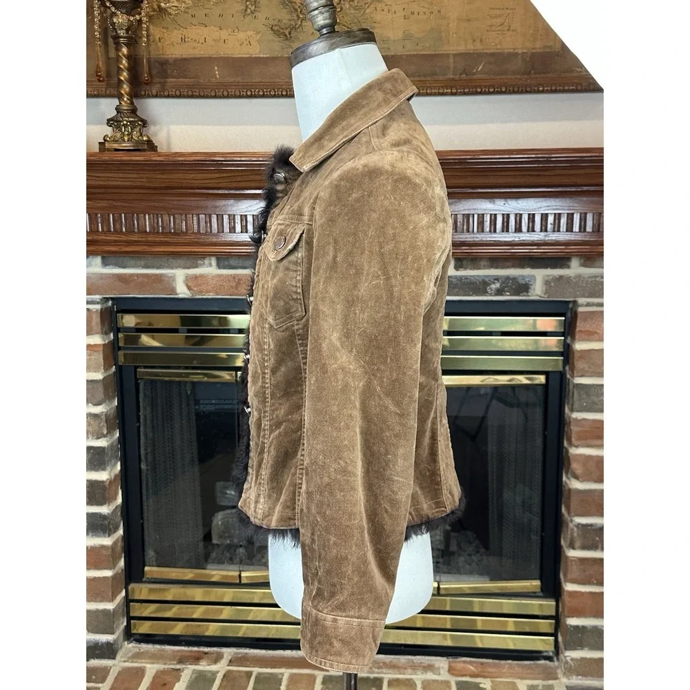 Vintage Y2K Brown‎ Corduroy Faux Fur Trim Jacket Girls Sz 12 Metal Buttons 2002